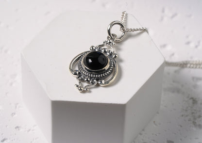 925 Sterling Silver Black Onyx Boho Pendant Necklace