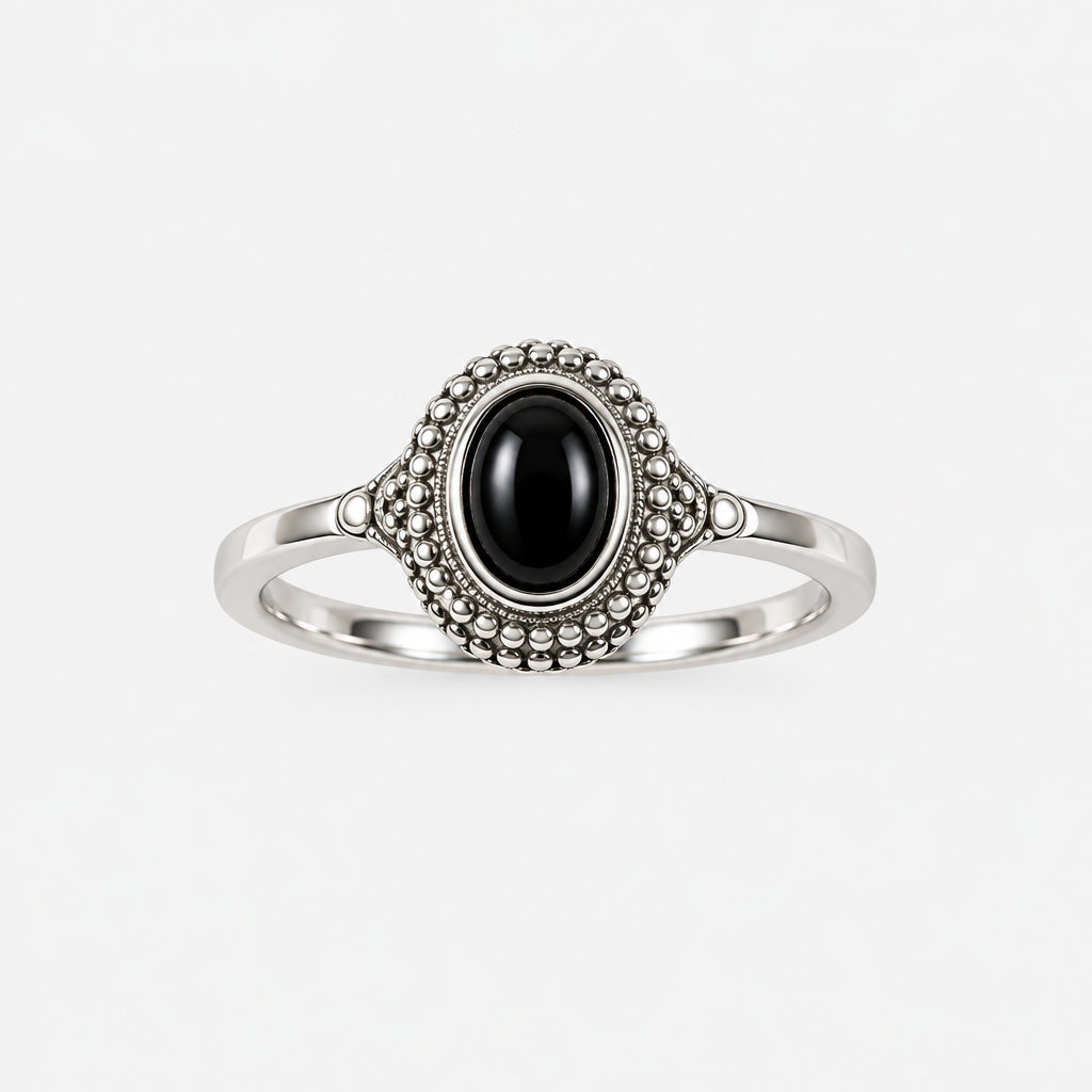 925 Sterling Silver Black Onyx Stone Ring with Beaded Border