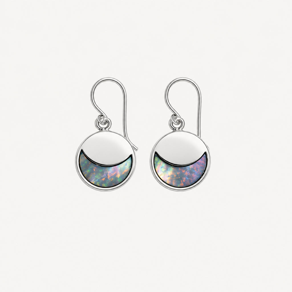 925 Sterling Silver Circle Moon Earrings with Black Opal