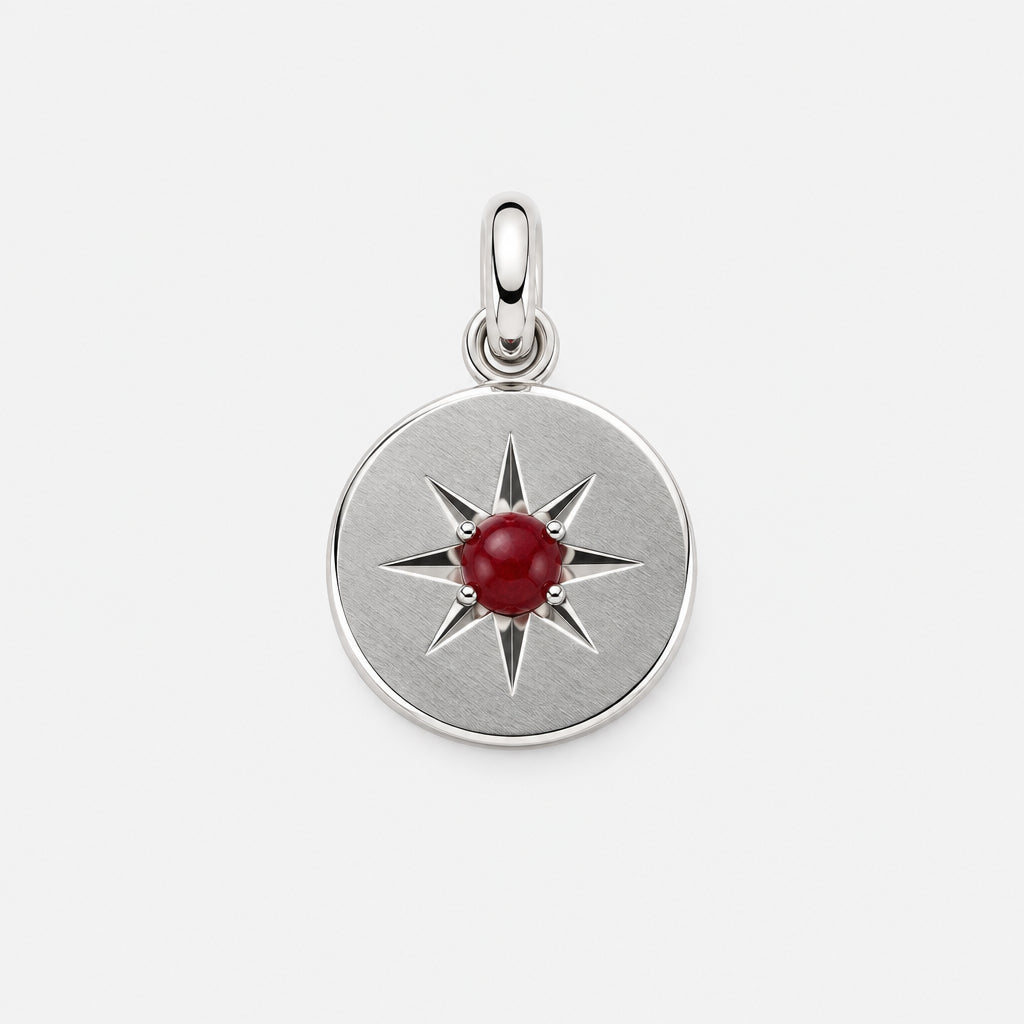 925 Sterling Silver Circle Pendant with Engraved Star and Natural Red Onyx Stone