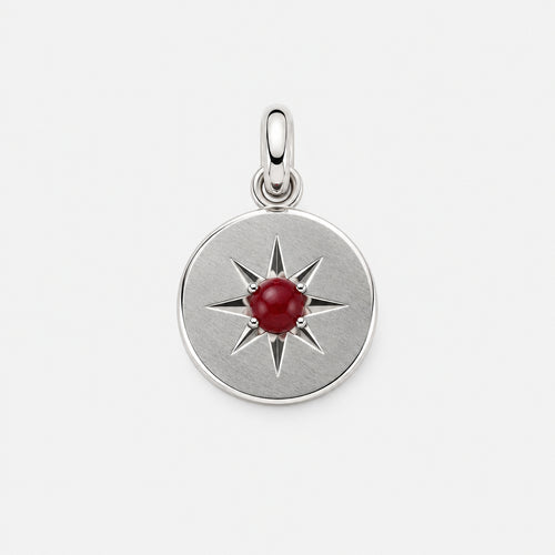925 Sterling Silver Circle Pendant with Engraved Star and Natural Red Onyx Stone