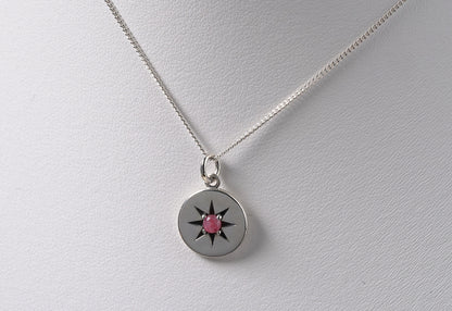 925 Sterling Silver Circle Pendant with Engraved Star and Natural Red Onyx Stone on Necklace