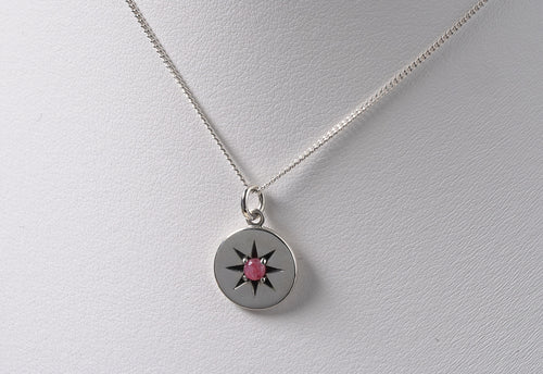 925 Sterling Silver Circle Pendant with Engraved Star and Natural Red Onyx Stone on Necklace