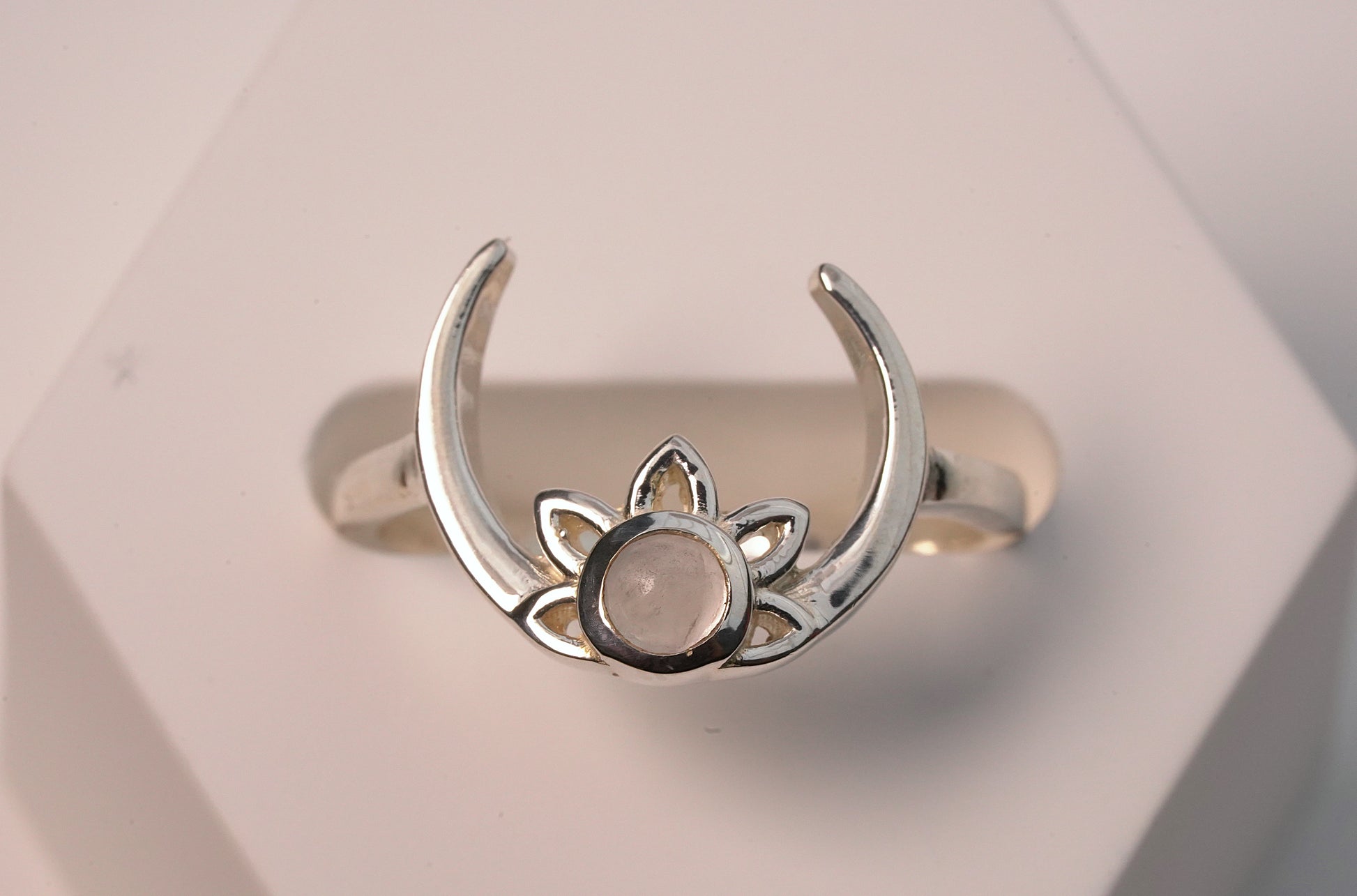 925 Sterling Silver Crescent Moon with Lotus Moonstone Ring
