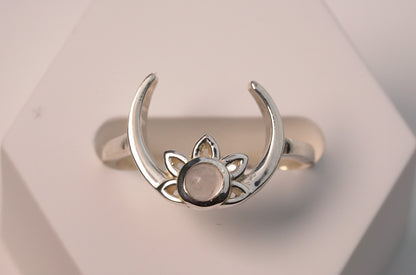 925 Sterling Silver Crescent Moon with Lotus Moonstone Ring