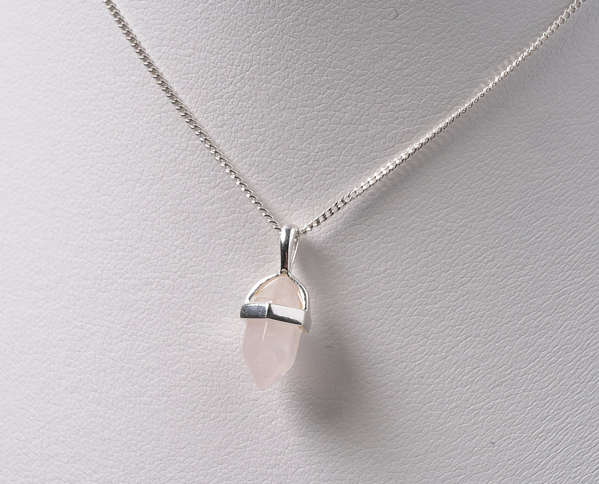 925 Sterling Silver Crystal Shape Rose Quartz Pendant on neck