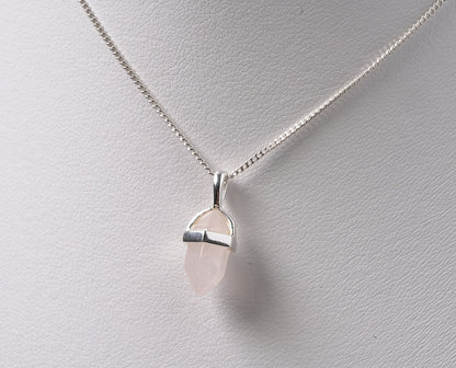 925 Sterling Silver Crystal Shape Rose Quartz Pendant on neck