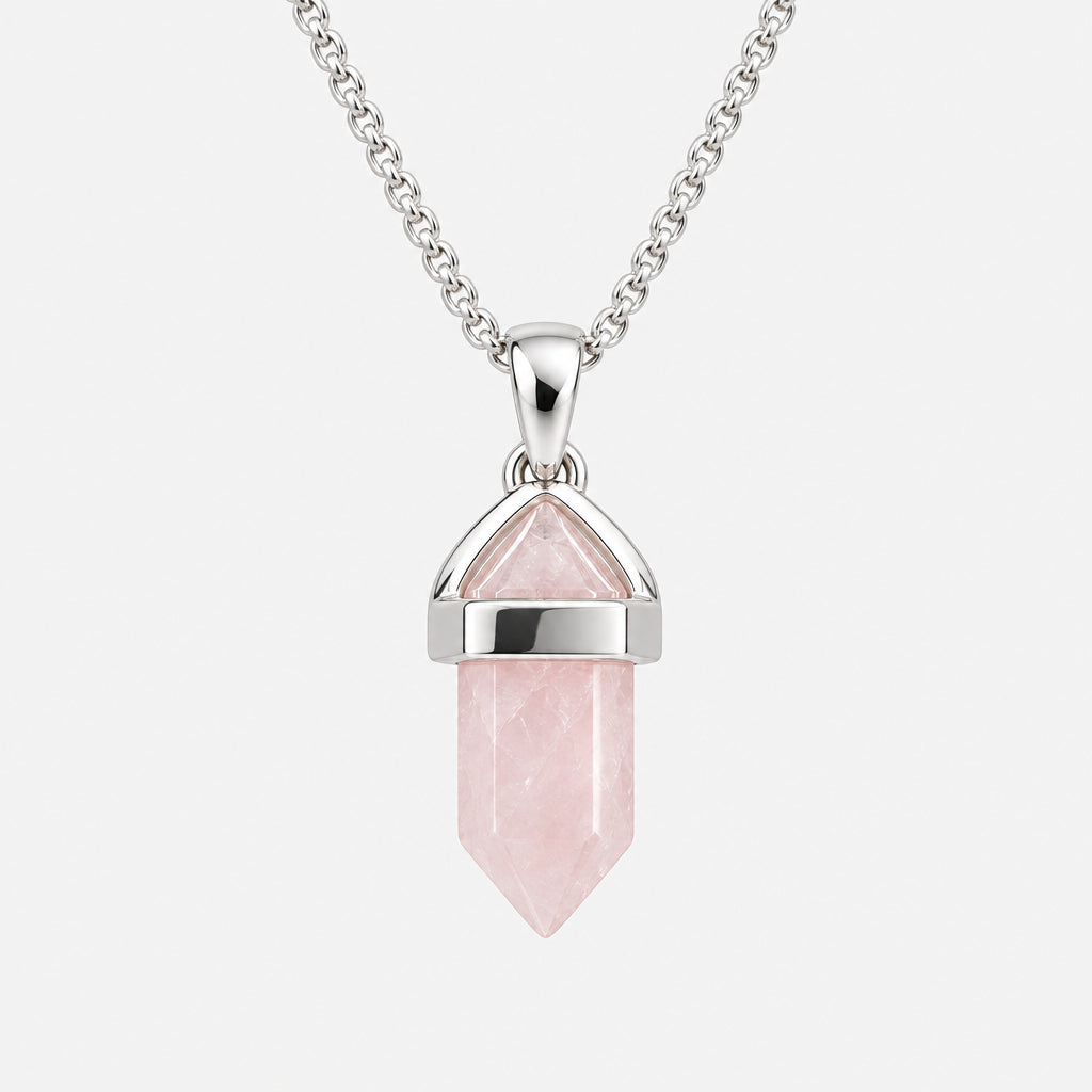 925 Sterling Silver Crystal Shape Rose Quartz Pendant with chain