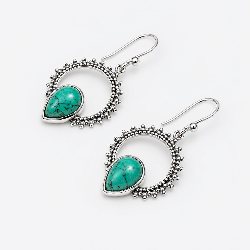  925 Sterling Silver Detailed Circle Turquoise Drop Earrings