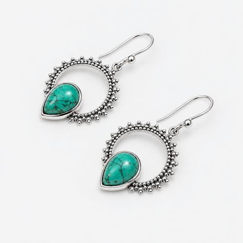  925 Sterling Silver Detailed Circle Turquoise Drop Earrings