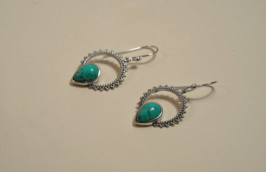  925 Sterling Silver Detailed Circle Turquoise Drop Earrings