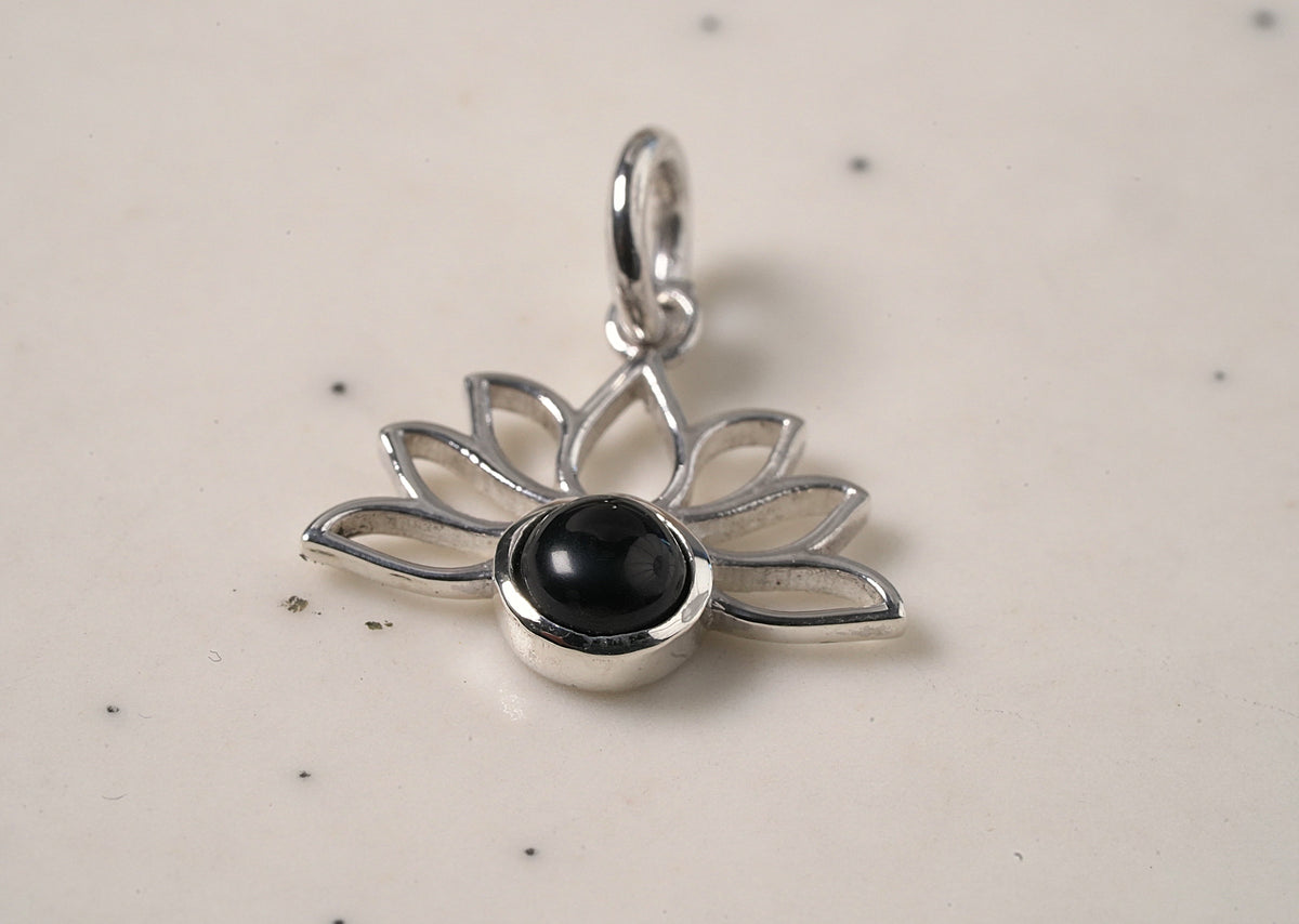 925 Sterling Silver Lotus Pendant with Natural Black Onyx Stone