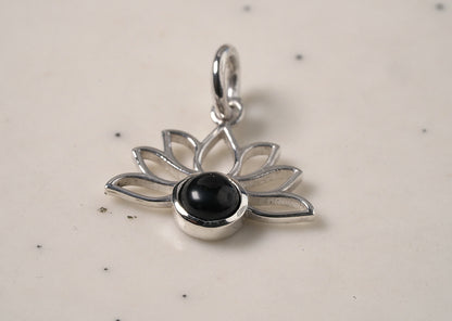 925 Sterling Silver Lotus Pendant with Natural Black Onyx Stone