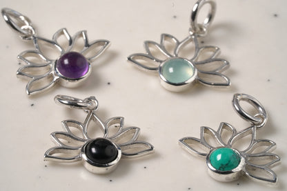 925 Sterling Silver Lotus Pendant with Natural Precious Stones