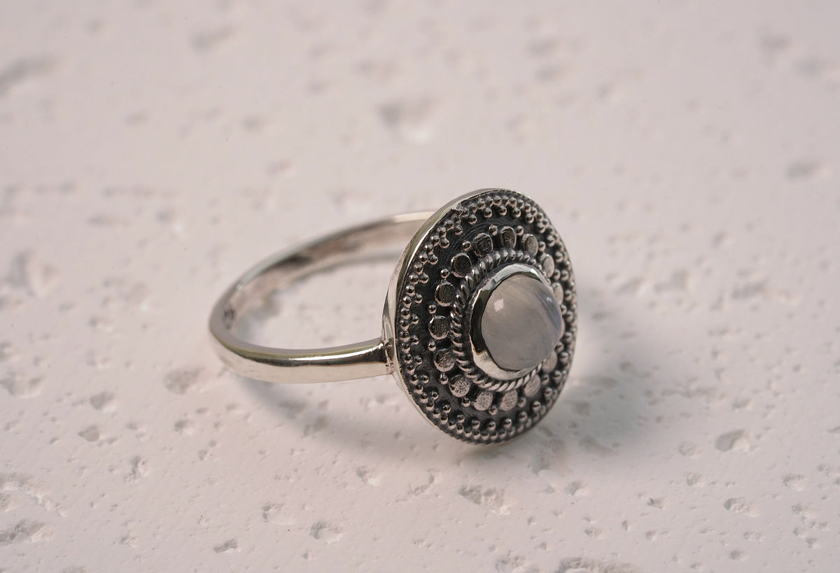 925 Sterling Silver Mandala Natural White Moonstone Ring