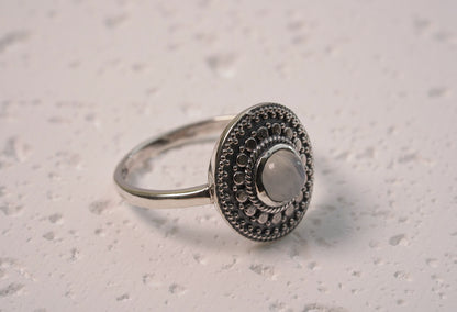 925 Sterling Silver Mandala Natural White Moonstone Ring