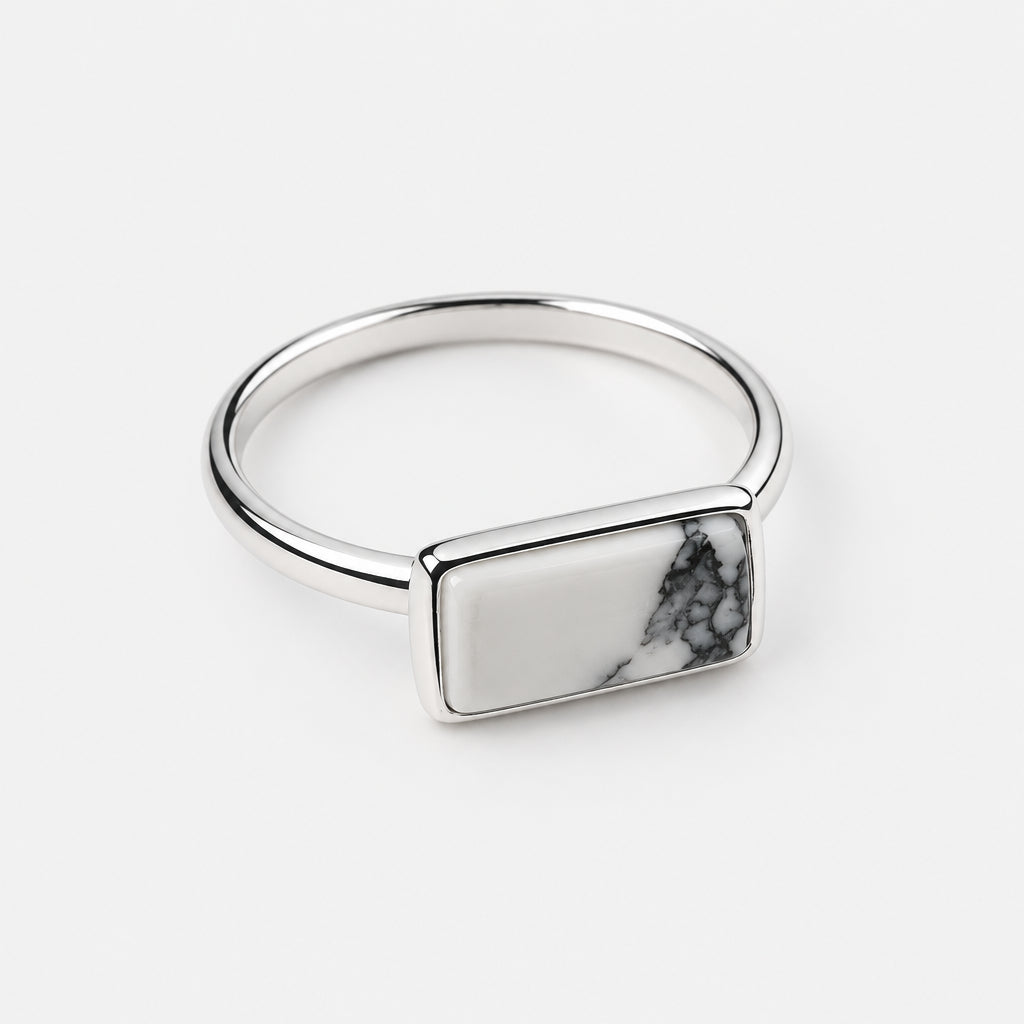 925 Sterling Silver Marble Gemstone Rectangle Ring