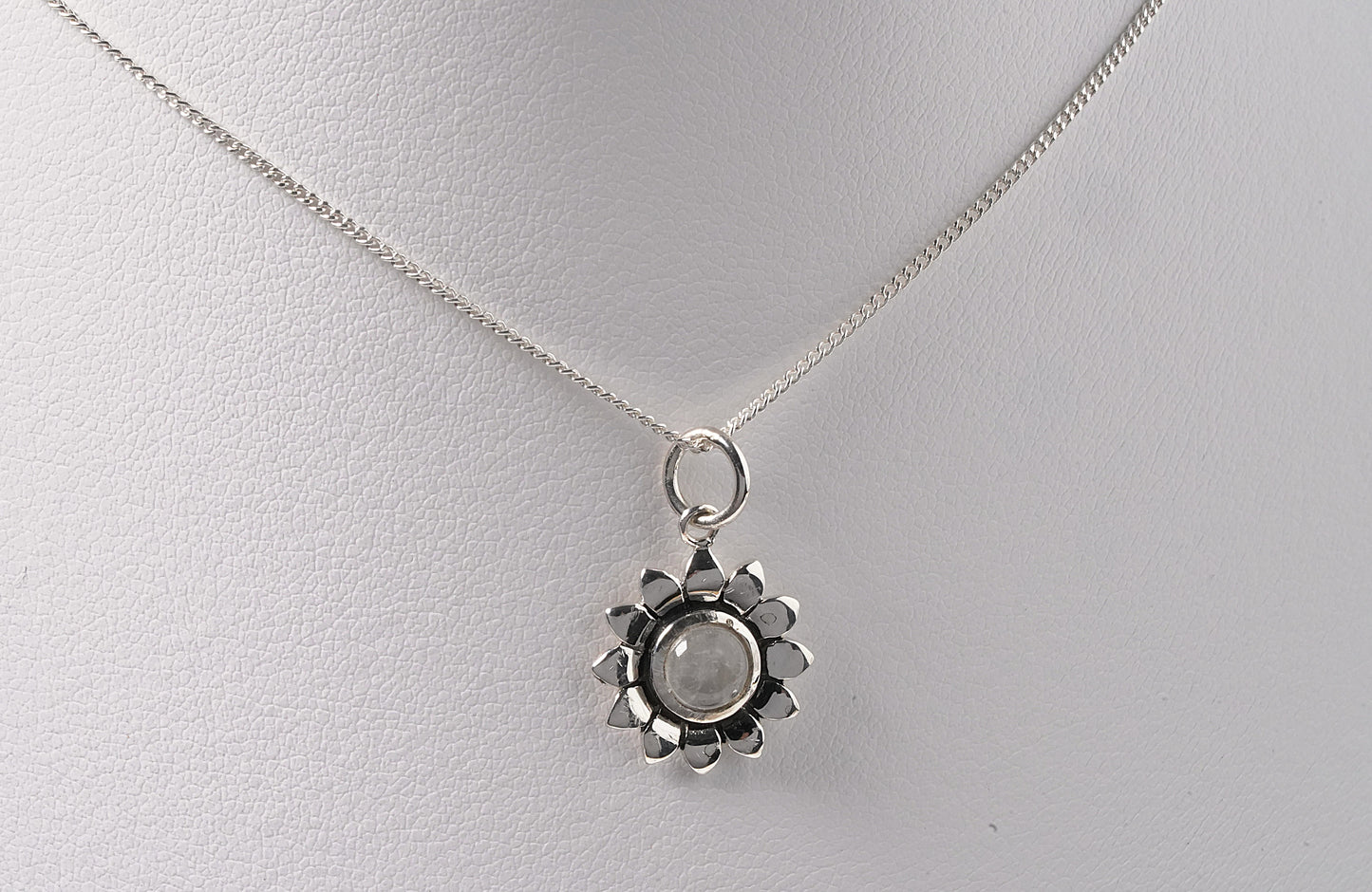 925 Sterling Silver Moonstone Flower Pendant On Necklace