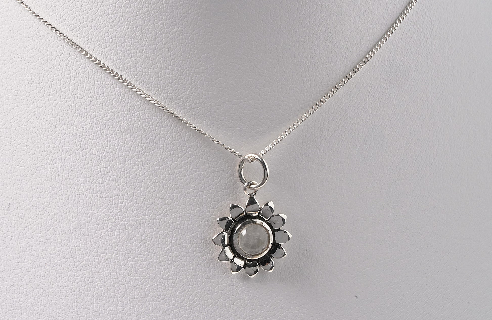 925 Sterling Silver Moonstone Flower Pendant On Necklace
