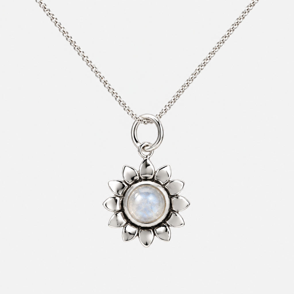 925 Sterling Silver Moonstone Flower Pendant On Necklace
