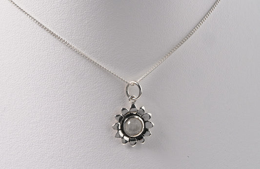 925 Sterling Silver Moonstone Flower Pendant On Necklace