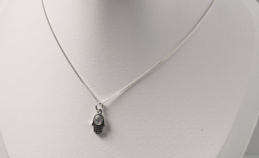 925 Sterling Silver Moonstone Hamsa Pendant On Chain Necklace