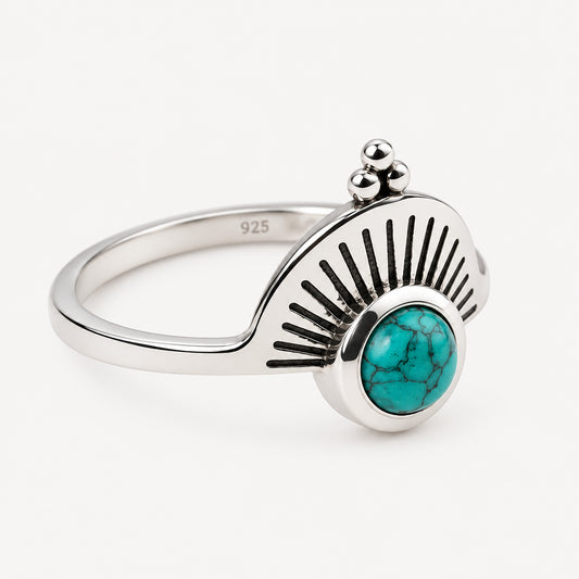  925 Sterling Silver Turquoise Ring - Aztec Design