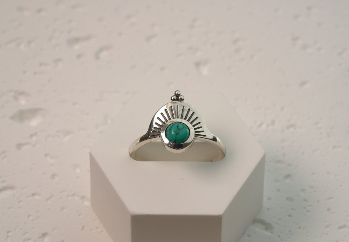  925 Sterling Silver Turquoise Stone Ring - Aztec Design