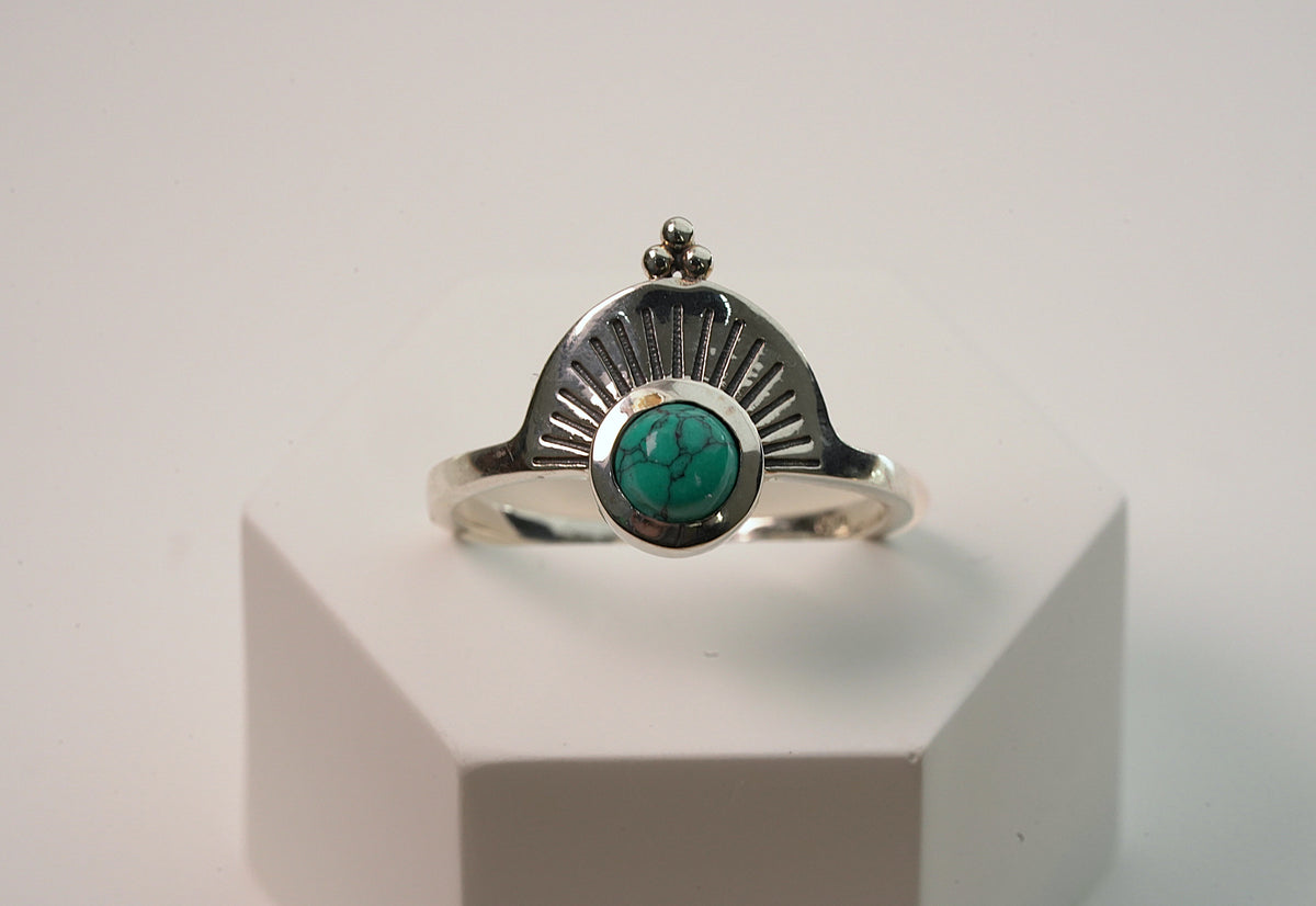  925 Sterling Silver Turquoise Gemstone Ring - Aztec Inspired Design