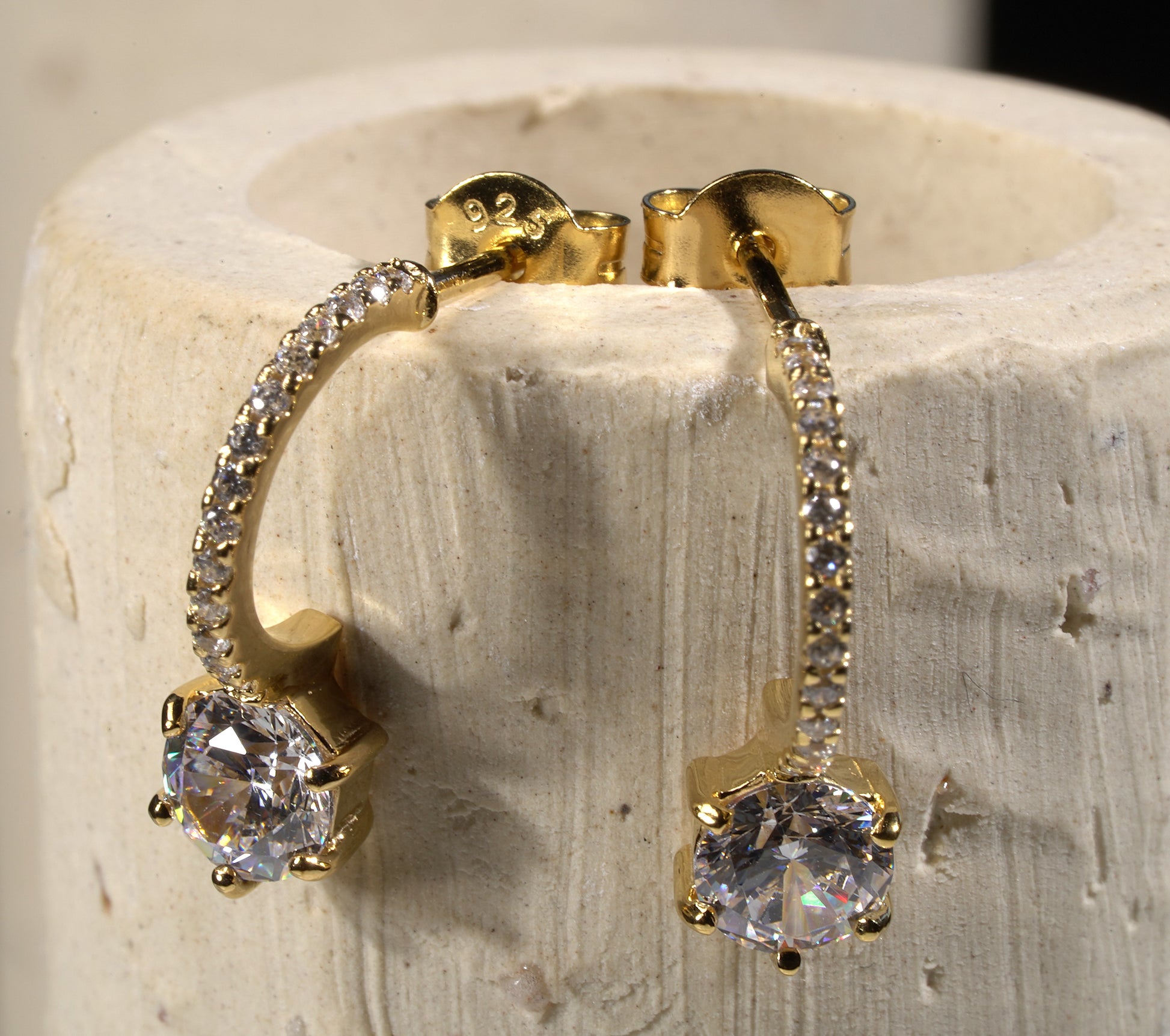 Gold Plated 925 Sterling Silver C Shape Earrings with Cubic Zirconia 