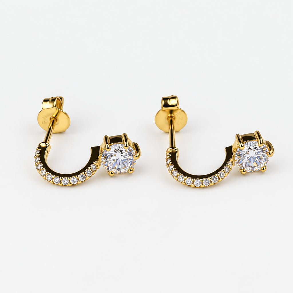 Gold Plated 925 Sterling Silver C Shape Earrings with Cubic Zirconia 