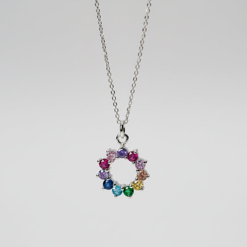925 Sterling Silver Necklace with Round Multicolour Cubic Zirconia Stone Pendant