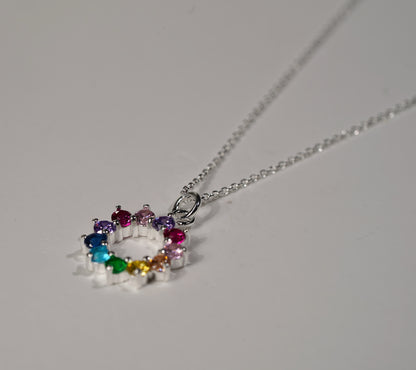 925 Sterling Silver Necklace with Round Multicolour Cubic Zirconia Stone Pendant