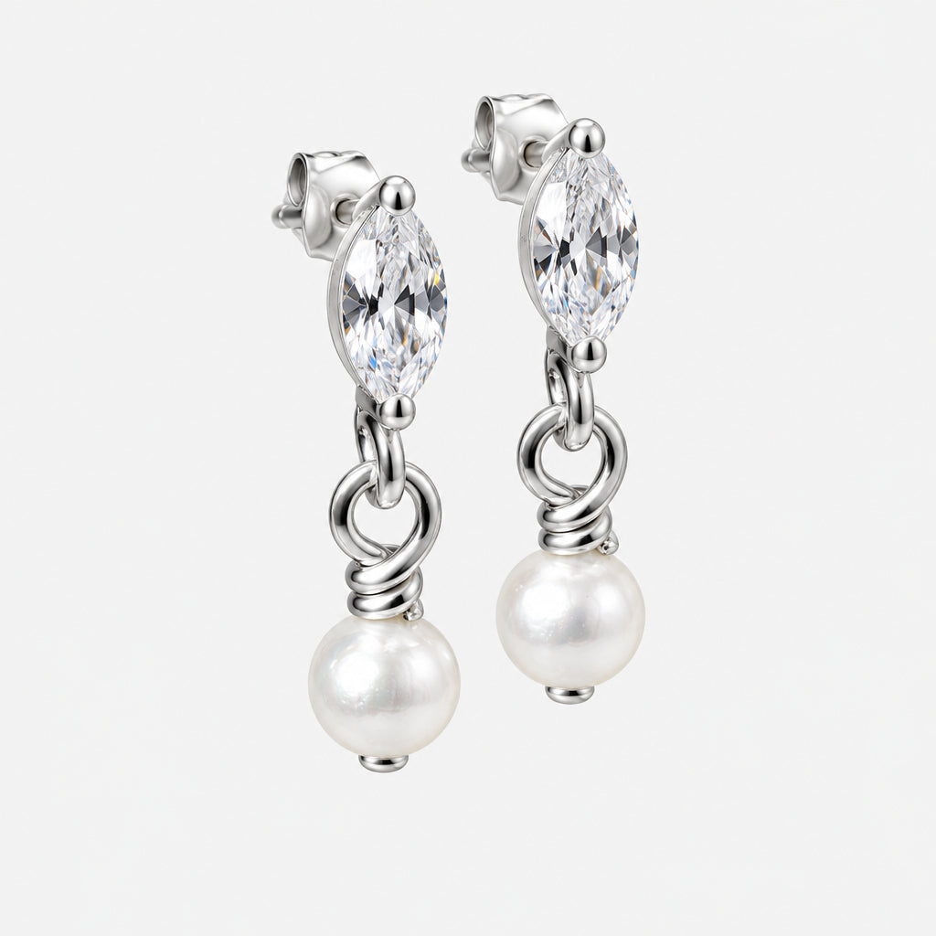 925 Sterling Silver Stud Marquise Earring with Pearl and Cubic Zirconia