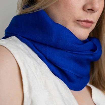 electric blue lightweight pashmina shawl scarf on model