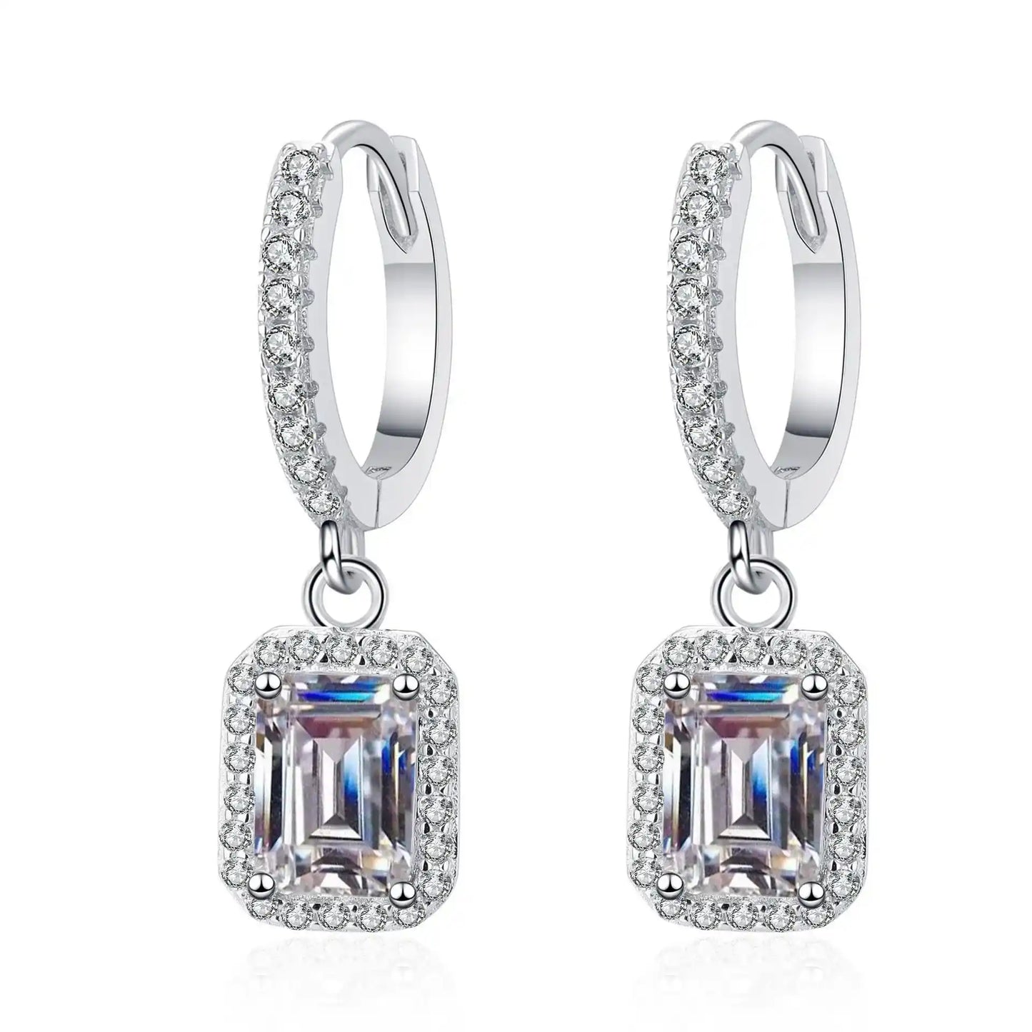 Emerald Cut Drop Earrings Moissanite Sterling Silver