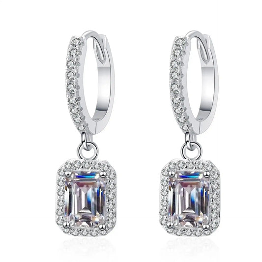 Emerald Cut Drop Earrings Moissanite Sterling Silver