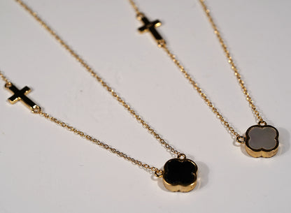 Gold Plated Sterling Silver Clove Necklace with Cross- Available in Black Onyx or White Mother of Pearl