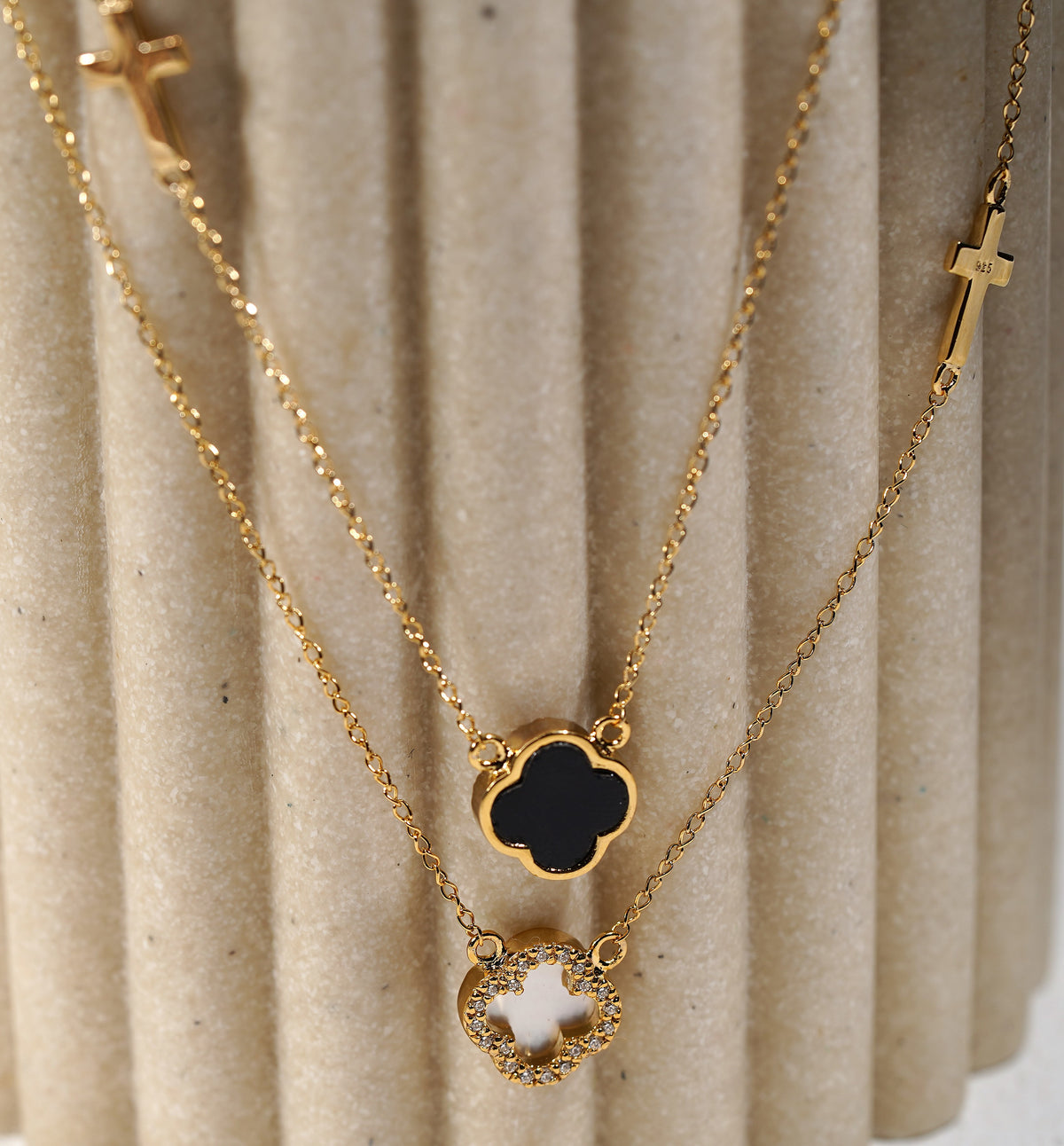 Gold Plated Sterling Silver Clove Necklace with Cross- Available in Black Onyx or White Mother of Pearl