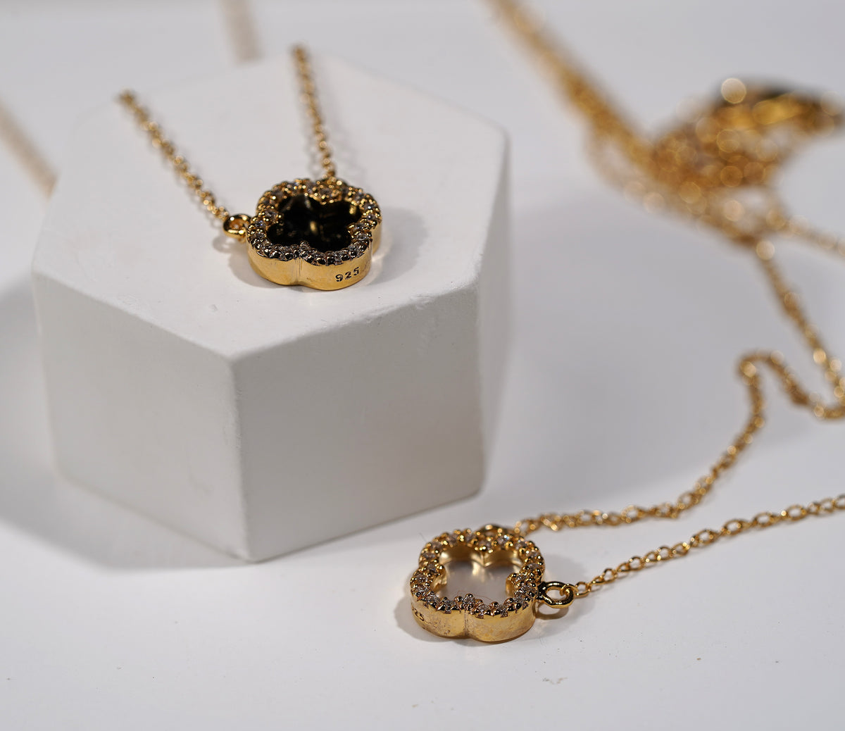 Gold Plated Sterling Silver Clove Necklace with Cross- Available in Black Onyx or White Mother of Pearl