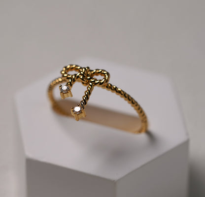 Gold Plated Sterling Silver Bow Ring with Cubic Zirconia