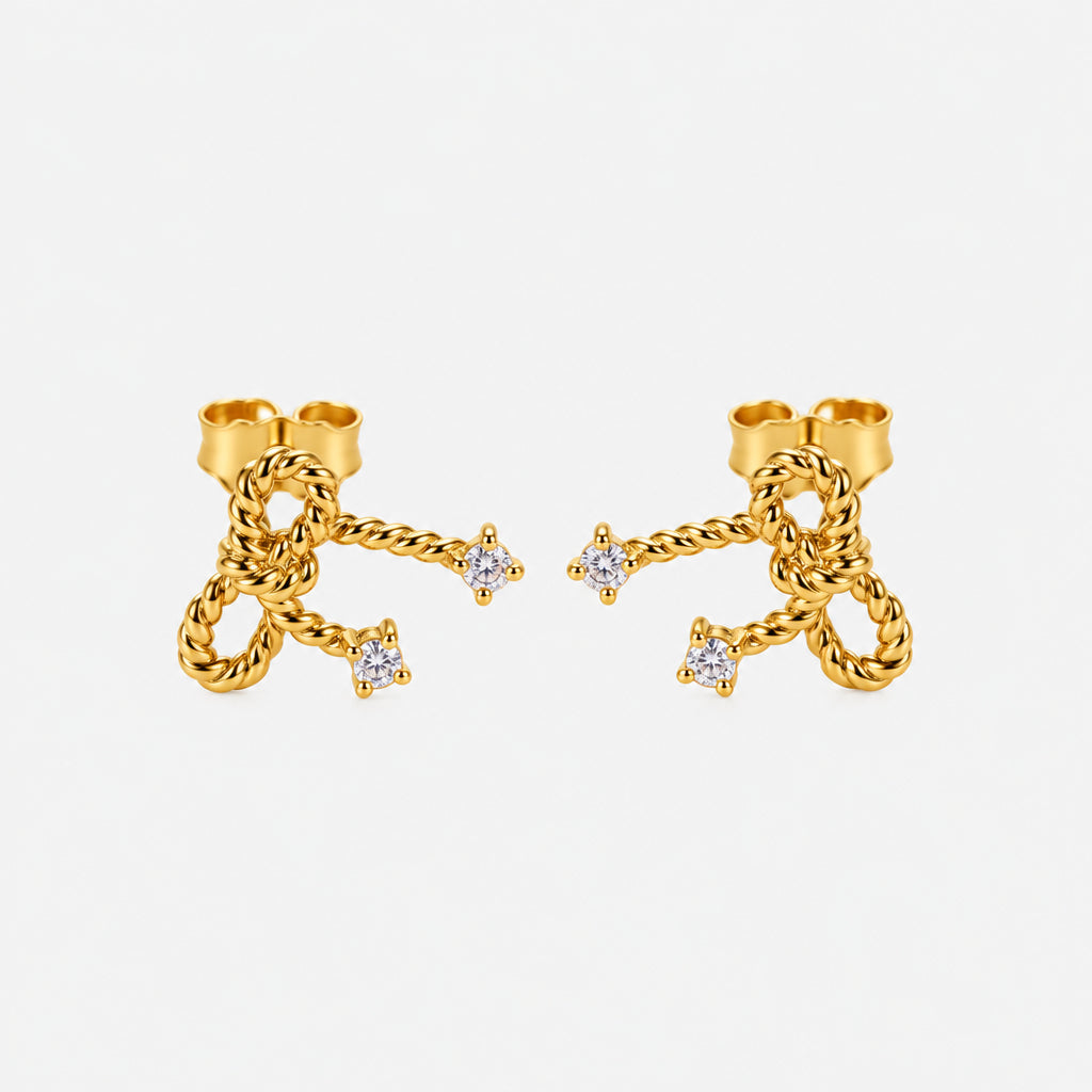 Gold Plated 925 Sterling Silver Bow Stud Earrings with cubic zirconia feature