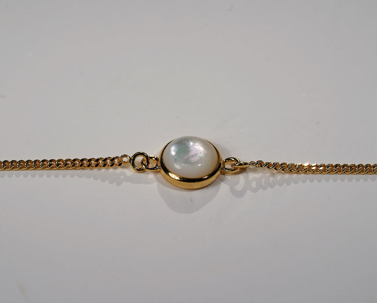 Gold Plated Bracelet Round Stone Feature- white mother of pearl