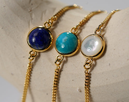 Gold Plated Bracelet with Round Stone Feature- Onyx, Pearl, Lapis and Turquoise