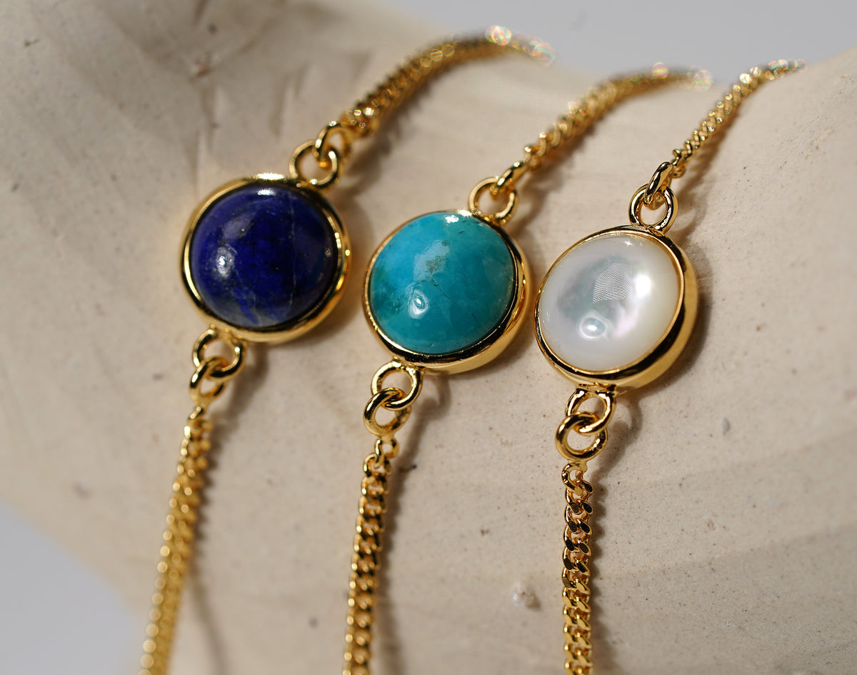 Gold Plated Bracelet with Round Stone Feature- Onyx, Pearl, Lapis and Turquoise