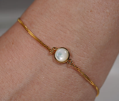 Gold Plated Bracelet Round Stone Feature- white mother of pearl