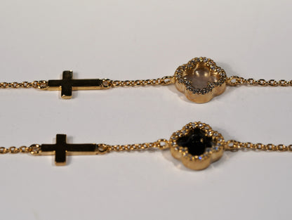 Gold Plated Sterling Silver Clover Bracelet with Cross- Available in Black Onyx or White Mother of Pearl