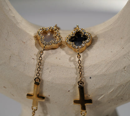 Gold Plated Sterling Silver Clover Bracelet with Cross- Available in Black Onyx or White Mother of Pearl