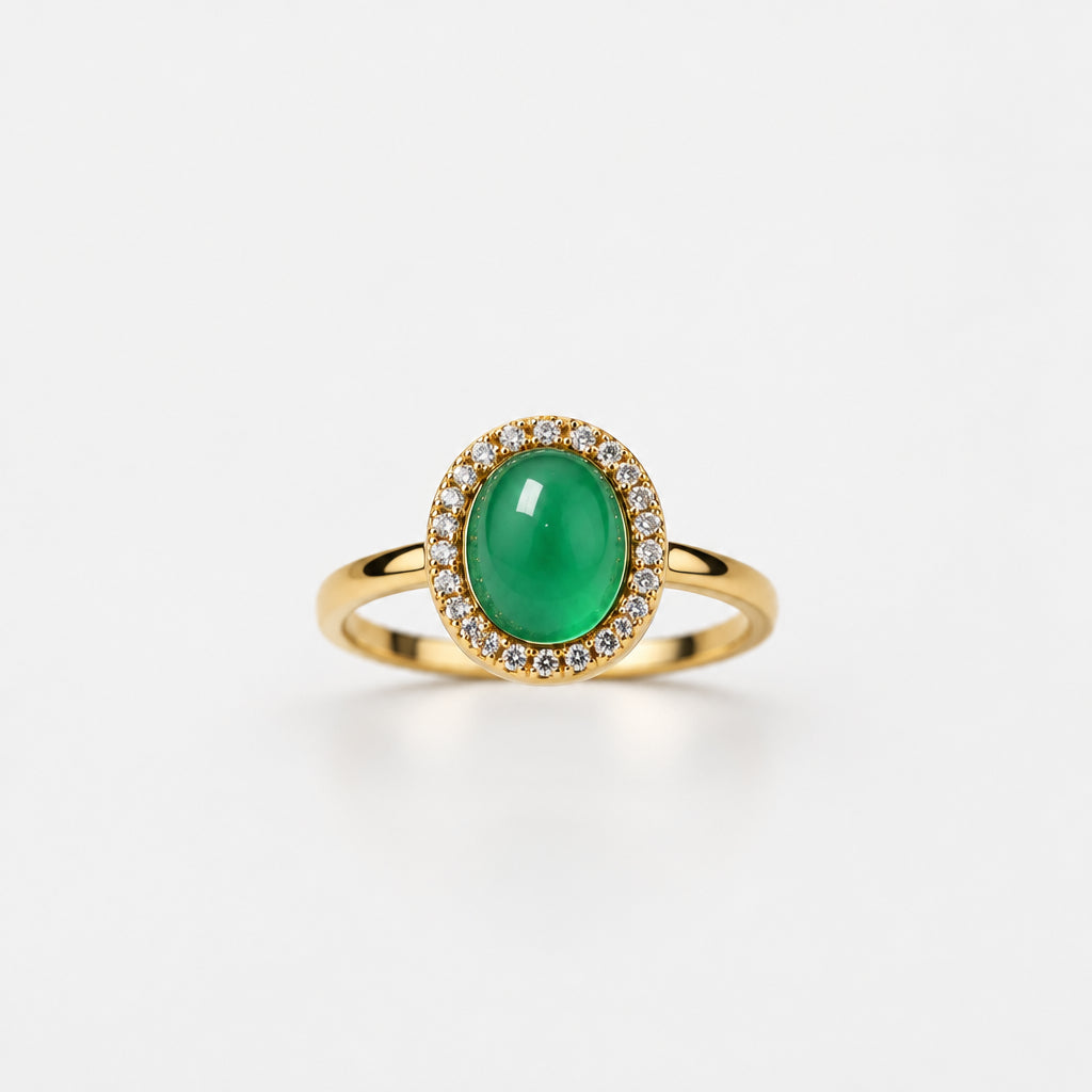 Gold Plated Sterling Silver Oval Green Agate Ring with Cubic Zirconia 