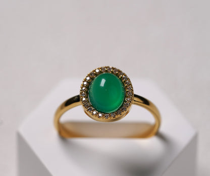 Gold Plated Sterling Silver Oval Green Agate Ring with Cubic Zirconia 